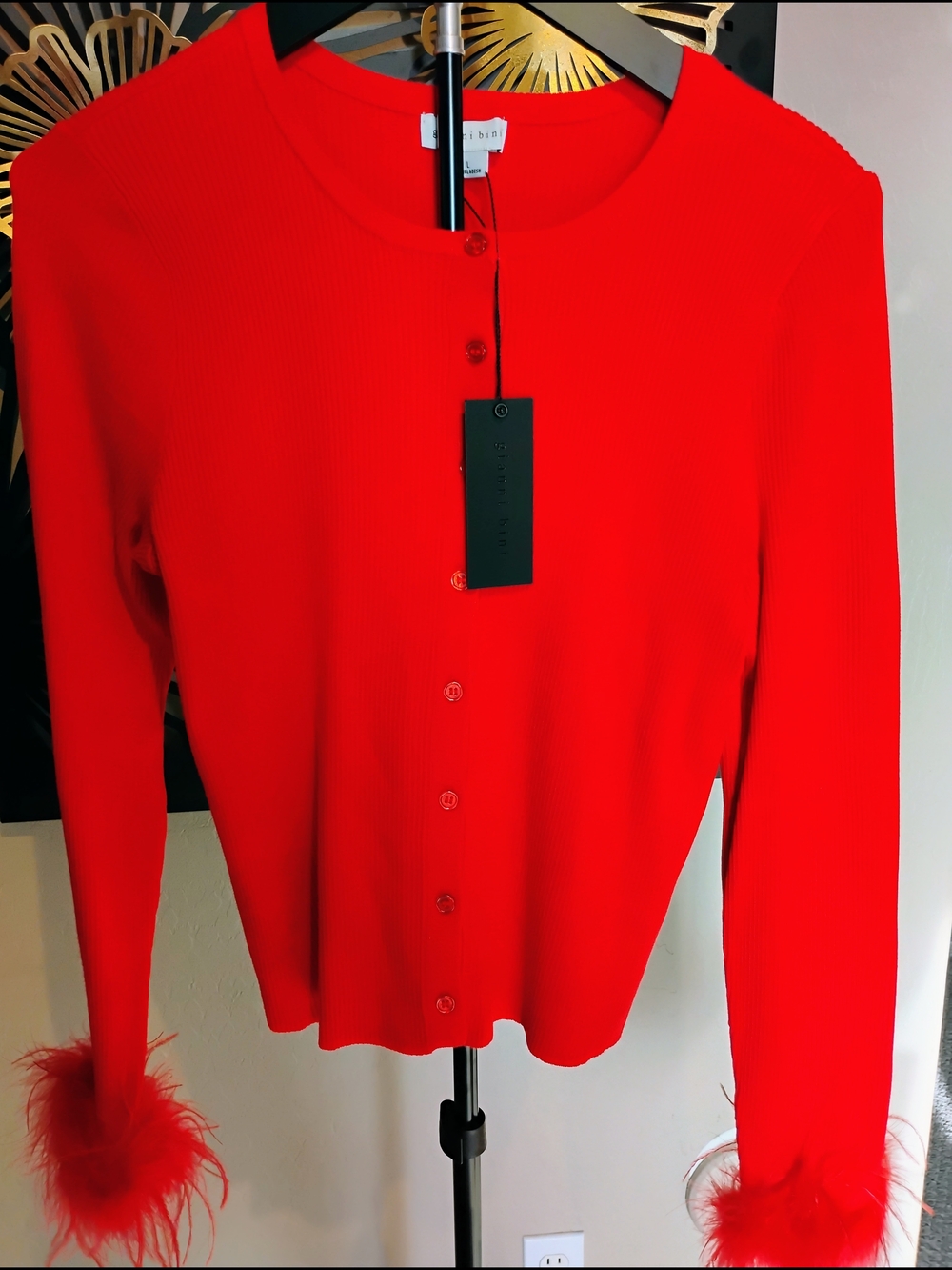 Gianni Bini Size L. Red, Ostrich Feather-Cuff, Ribbed Button Cardigan